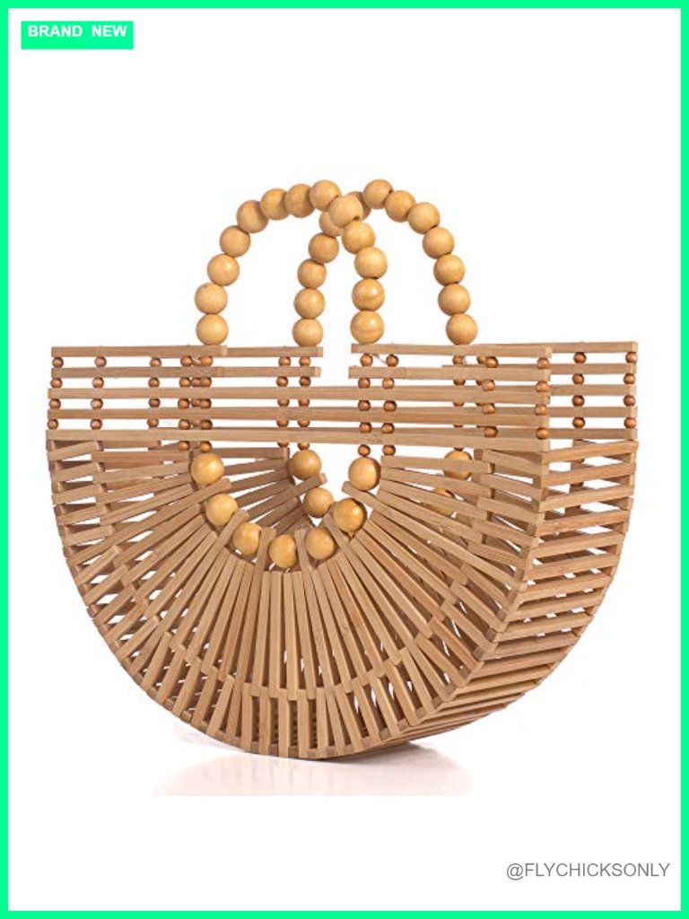 Handmade Bamboo Tote Bag With Wooden Beads, Straw Beach Bag